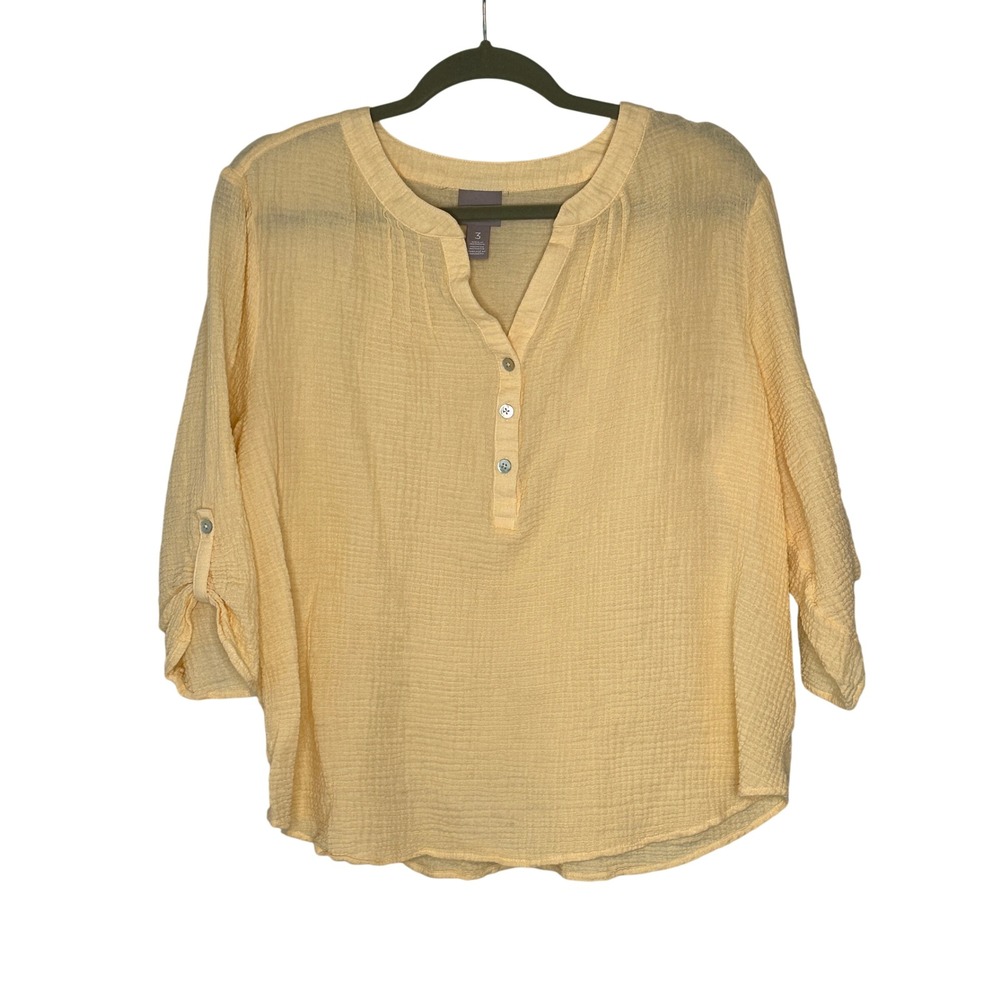 Chico's Women's Blouse Size 3 US XL Yellow 3/4 Sleeve Button Up Cotton Gauze Top